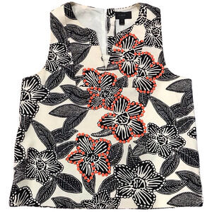 J. Crew Top Black Ivory Tropical Pattern Sleeveless with Orange Beads Size 8